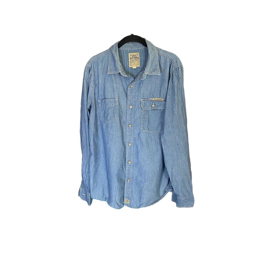 True religion, men’s blue denim, long sleeve button, front shirt, size medium